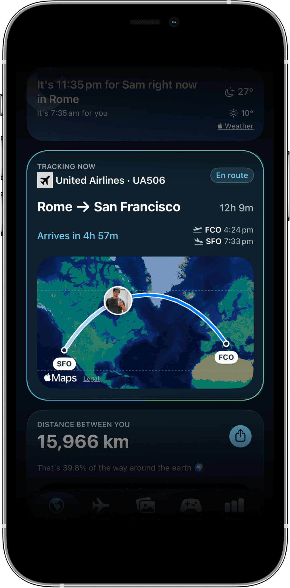 Live flight tracking in Twofold, showing a partner's flight status and arrival time