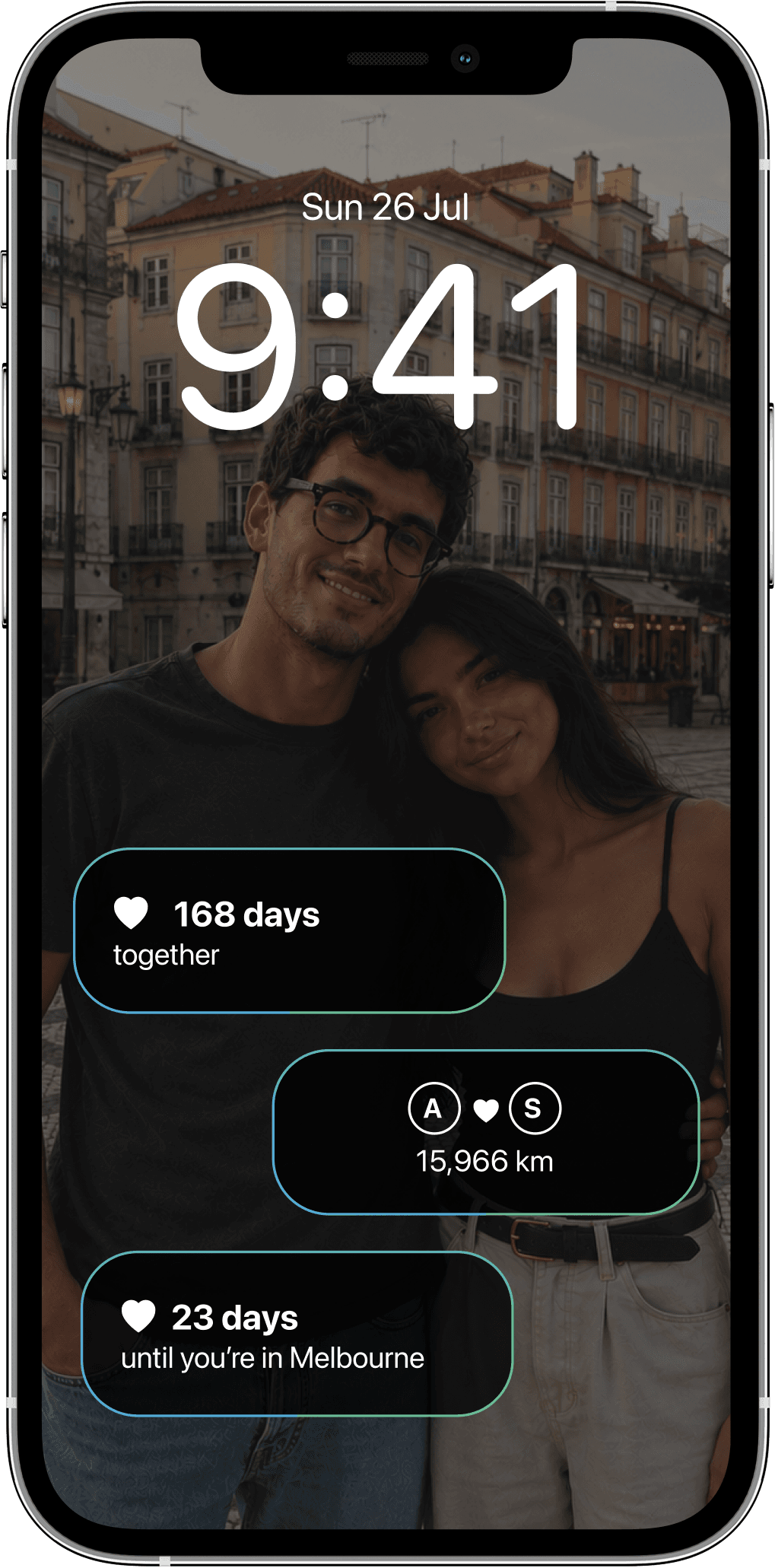 Twofold's Lock Screen widgets on an iPhone, showing the distance to a partner and a countdown to the next reunion