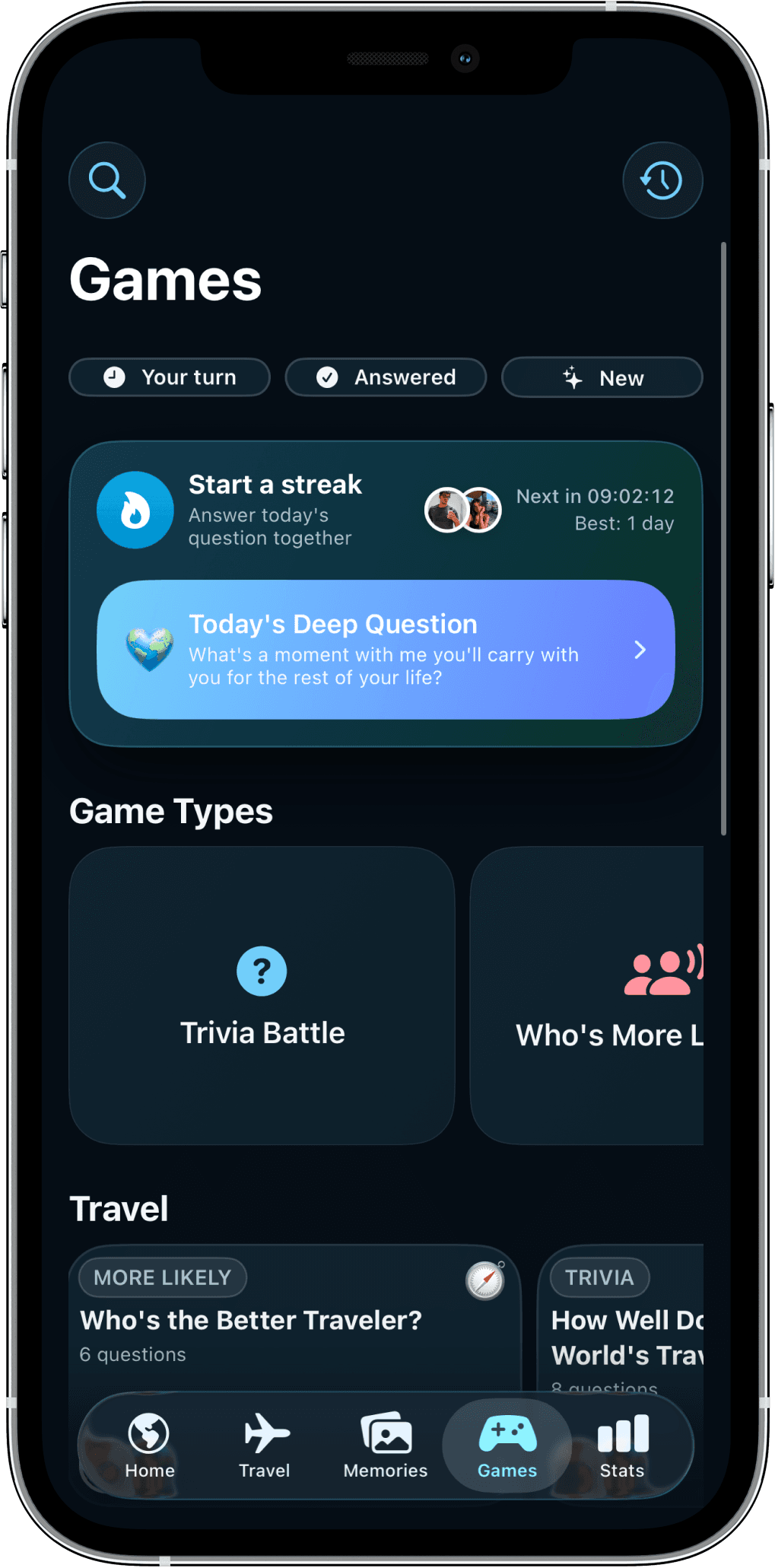 Twofold's couple games, showing the available question decks