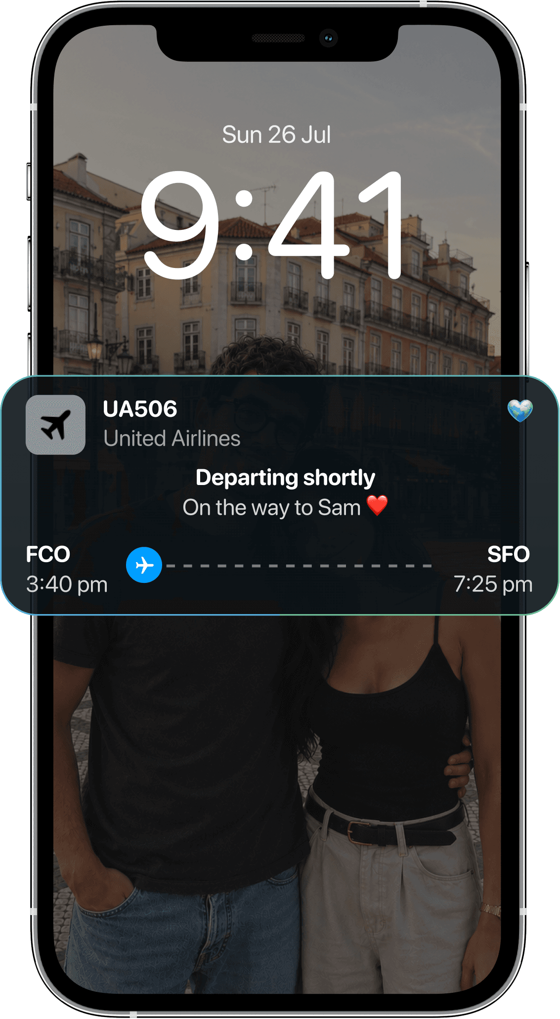 A Twofold Live Activity on the iPhone Lock Screen, tracking a partner's flight